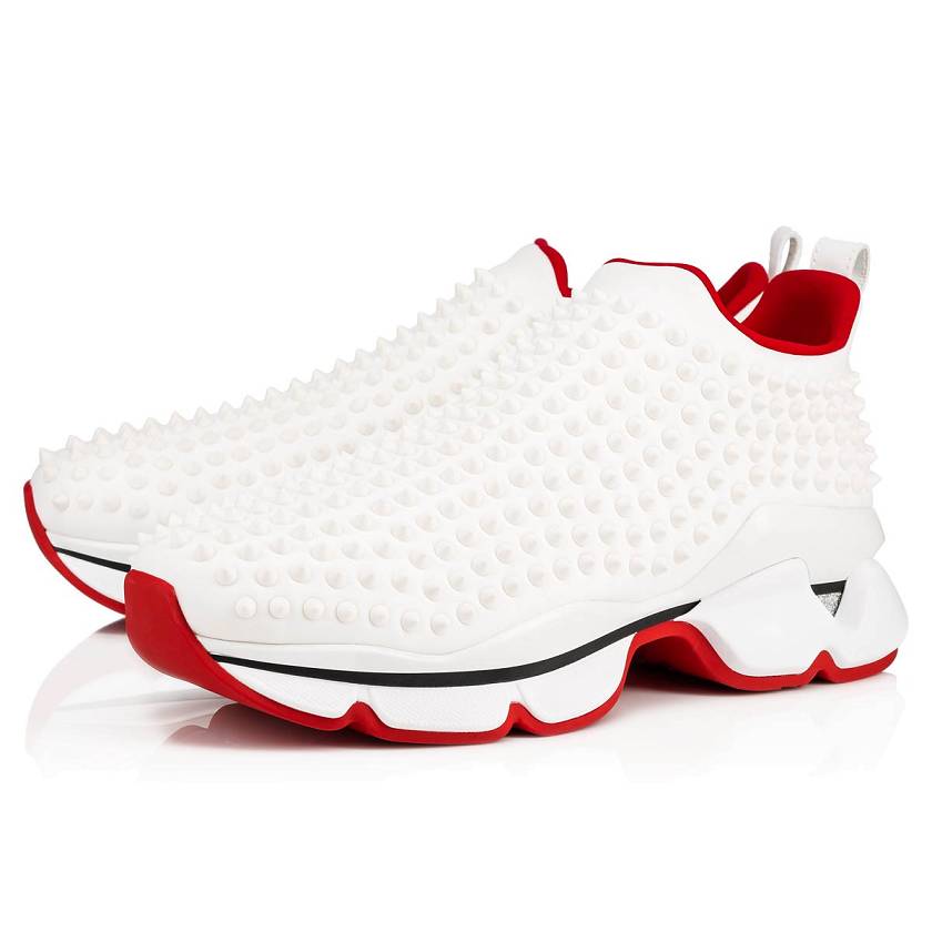 Men's Christian Louboutin Spike-Sock 30mm Neopren Low Top Sneakers - White [5681-379]